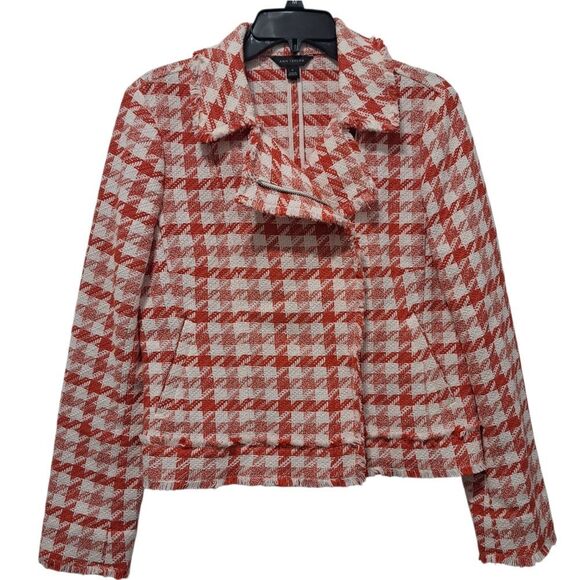 Ann Taylor Houndstooth Tweed Checkered Moto Woven Fall Chic Blazer Jacket Medium - Picture 1 of 14